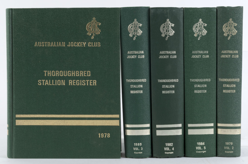 Thoroughbred Stallion Register: 1978 - 1984, Volumes 1 to 5, published by the Australian Jockey Club and Victorian Racing Club, Randwick; green cloth hard-cover binding with gilt embossed titles and decorations. 