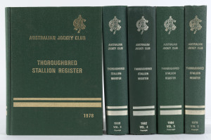 Thoroughbred Stallion Register: 1978 - 1984, Volumes 1 to 5, published by the Australian Jockey Club and Victorian Racing Club, Randwick; green cloth hard-cover binding with gilt embossed titles and decorations.