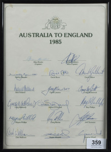1985 AUSTRALIAN TOUR TO ENGLAND: official team sheet (few stains) with 17 signatures incl. Allan Border (captain), Andrew Hilditch (vice-captain), David Boon, Jeff Thomson, Craig McDermott, Kepler Wessels, Graeme Wood & Greg Matthews; framed & glazed; overall 30.5 x 20.5cm.
