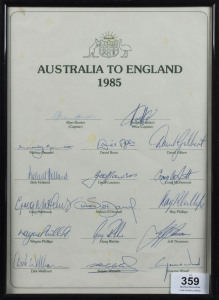 1985 AUSTRALIAN TOUR TO ENGLAND: official team sheet (few stains) with 17 signatures incl. Allan Border (captain), Andrew Hilditch (vice-captain), David Boon, Jeff Thomson, Craig McDermott, Kepler Wessels, Graeme Wood & Greg Matthews; framed & glazed; ov