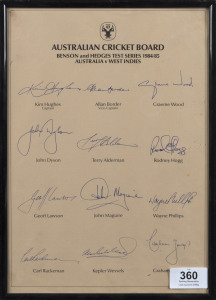 1984-1985 AUSTRALIA v West Indies: official team sheet with 12 signatures incl. Kim Hughes (captain), Allan Border (vice-captain), Graeme Wood, John Dyson, Rodney Hogg, Geoff Lawson, Graham Yallop & Terry Alderman; framed & glazed; overall 30.5 x 21cm.