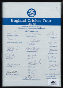 1982-83 ENGLAND CRICKET TOUR OF AUSTRALIA: official team sheet with 19 signatures incl. Bob Willis (captain), David Gower (vice-captain), Ian Botham, Allan Lamb & Derek Randall; framed & glazed; overall 30.5 x 20.5cm.