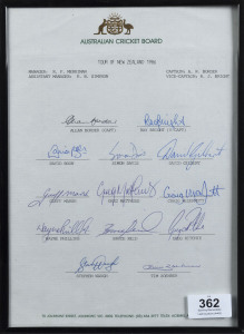 1986 AUSTRALIAN TOUR TO NEW ZEALAND: official team sheet with 13 signatures incl. Allan Border (captain), Ray Bright (vice-captain), David Boon, Geoff Marsh, Greg Marsh, Greg Matthews, Craig McDermott and Steve Waugh; framed & glazed; overall 30.5 x 20.5cm.