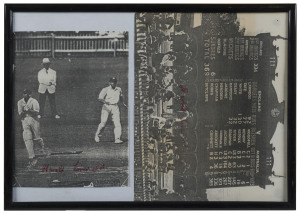 AUTOGRAPHS: Framed and glazed signed selection comprising Alan Fairfax on undated SS Oransay England-Australia letterhead, also signed images comprising Harold Larwood signatures (2) on a two-image display one showing 1929 4th Test scoreboard, Alan McGilvray (3) on a display comprising two images and a small piece, plus David Hookes signed image of him executing a cut shot. (4 items)