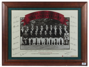 Glazed Selection of images incl. "The Invincibles - 50th Anniversary" limited edition with facsimile autographs, reprint of a 1930 Syd Miller humorous image of Australian cricketers, copy of an 1862 photograph showing English XI aboard Cobb & Co's Leviathan Coach on departing the Black Bull Hotel, Geelong, 1997 "The Indians are Coming" promotional poster for Australia-India Test Series, 1984 "Herald" poster titled "Lillee Quits" with a signed Dennis Lillee