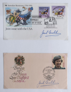 JACK BRABHAM: signed memorabilia comprising 1995 letter, headed "Sir Jack Brabham OBE/Miranda 2228", two identical photographs (15x10cm) of Brabham, an image of Brabham racing (19x27cm), plus philatelic covers (44); unsigned supporting material with philatelic covers (2) and various stamps with an automobile or motor racing theme; majority of the material neatly displayed within presentation folders.
