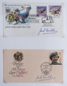 JACK BRABHAM: signed memorabilia comprising 1995 letter, headed "Sir Jack Brabham OBE/Miranda 2228", two identical photographs (15x10cm) of Brabham, an image of Brabham racing (19x27cm), plus philatelic covers (44); unsigned supporting material with phila