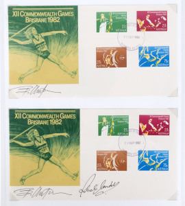 AUSTRALIAN OLYMPIC ATHLETE SIGNATURES: Selection with HERB ELLIOT (Gold 1500m, 1960 Rome Olympics) signed photograph (21 x 16.5cm) plus signed first day covers (30), two of the covers for 1972 Munich Olympics or 1976 Montreal Olympic additionally signed by stamp designers Brian Sadgrove and Arthur Leydin; RON CLARKE (Olympian & lighter of the Olympic Flame 1956 Melbourne Olympics) signed first day covers (8): Rob De Castella (5th in Marathon, 1984 Los Angeles Olympics)