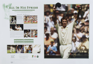 LIMITED EDITION PRINTS: comprising Glenn McGrath signed "All in his Stride" Test Career tribute lithograph, with fragment from the "strides" he wore in his final Test Match, numbered "306/358" with CofA, Gary Sobers signed "Brilliance all Round" Test Career tribute lithograph, numbered "456/500" with CofA, plus a "Legends of Cricket" poster by Dave Thomas signed by Sobers; also 'A' tagged "vertiramics" prints of English Test cricketers Kevin Pietersen and James Anderson,