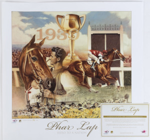 LIMITED EDITION PRINTS: comprising Phar Lap "Hero to a Nation" limited edition print by Brian Clinton, numbered "241/500" with CofA and Makybe Diva "The Greatest" career tribute, numbered "1178/5000". (2)