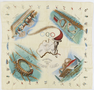 SCARVES: An Olympic Games scarf (pure silk, made in Japan) with a map of Australia at centre surrounded by the flags of all the nations competing at Melbourne (VF condition); also, another scarf with Australia and the torch at centre surrounded by illustrations of various venues including the Olympic Village and the Olympic Swimming Pool (minor faults). (2).
