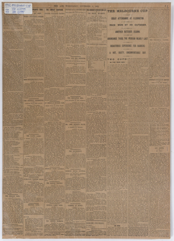 1902 - 1920 MELBOURNE CUP and other feature races of the Victorian Spring Racing Carnival: A collection of 40 original broadsheet pages from "The Age" and "The Argus" newspapers, each carrying extensive coverage previewing the race, or reporting on the re