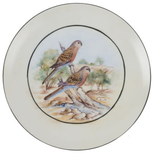 An Australian hand-painted plate with two budgerigars, signed "J. SPARSHOTT", 24cm diameter