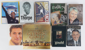 LITERATURE - OLYMPICS & OLYMPIANS WITH SIGNATURES: comprising "The Treasures of the Olympic Games" (2008, slipcase) with enclosed signed photograph of Juan Antonio Samaranch, plus signatures of athletes for Mark Spitz (on piece), Nadia Comaneci (on piece), Sebastian Coe (on photo) & Carl Lewis (on photograph); also hardbound biographies "Endurance - The Extraordinary Life and Times of Emile Zatopek" with signature on piece, "Raelene - Sometimes Beaten, Never Conquered"