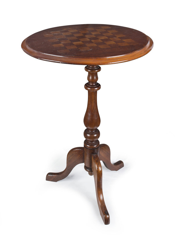 An Australian games top table, blackwood, cedar and kauri pine, 19th century, pencil inscription "William Wood French, 8-93, Age 62 + 2 Months", 73cm high, 48cm diameter