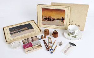 A miscellany comprising two tape measures housed in Australian timber cases and surmounted by 6d pieces; a 1954 Royal Visit souvenir spoon in original box; a set of 5 hand-painted buttons by Beate Wickert; several Stamina collector cards; 3 Australian thi