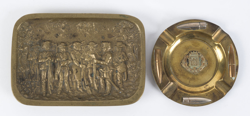 Trench art "VERDUN" ashtray and a military themed cast brass dish, early 20th century, ​the ashtray 10.5cm diameter