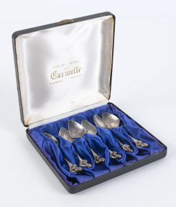 Boxed set of six Australian sterling silver teaspoons retailed by Carmelle in Perth, ​10cm long, 65 grams total
