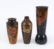 Three Australian huon pine pokerwork vases all with fine floral decoration, circa 1920s, ​the tallest 20.5cm high