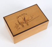 An Australian timber jewellery box with kookaburra decoration, early 20th century, ​8cm high, 18cm wide, 11.5cm deep