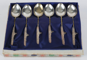 Japanese set of six boxed silver plated teaspoons with Japanese WW2 warship handles, near mint condition, ​the box 18cm wide