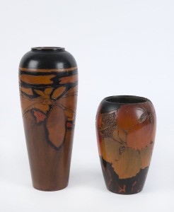 Two Australian huon pine pokerwork vases, circa 1920s, ​one signed "Mabel Sharp", the other with remains of paper label, 23.5cm and 15.5cm high