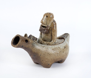GUS McLAREN pottery teapot in the form of a horse and rider, incised "Gus McLaren", ​19cm high, 25cm long