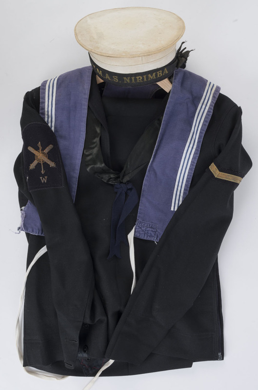 Australian Navy uniform black dress uniform with tunic, waistcoat, trousers, bib and hat name "H.M.A.S. NIRIMBA", mid 20th century,