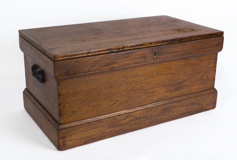 An Anglo-Indian teak trunk with iron handles, dovetail construction with pine base, early to mid 19th century, 37cm high, 80cm wide, 43cm deep