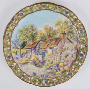 Australian hand-painted plate with cottage scene, South Australian origin, signed "F. SMITH", ​23.5 diameter