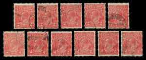 AUSTRALIA: KGV Heads - Single Watermark: 2d Red BW:96 varieties used selection including "White flaw on emu's body" (16)u (Cat. $200), other varieties comprising Electro 10f, Electro 11,d,f,ga & j, Electro 12i & j, 12Ad & e, and 16p; all with tidy datestamp cancels or lightly used, Cat. $695. (11)