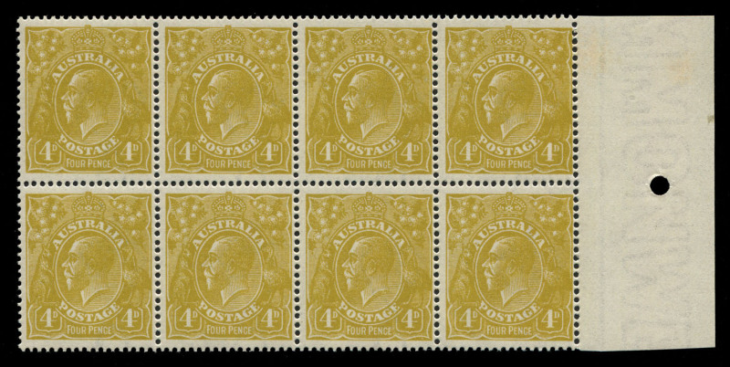 AUSTRALIA: KGV Heads - Single Watermark: 4d Olive-Yellow (Mullett printing) marginal block of (8), few light tones in margin only, stamps fresh MUH, BW:114C - $3200+. Rare multiple of an elusive shade.