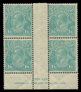 AUSTRALIA: KGV Heads - CofA Watermark: 1/4d Greenish-Blue Ash Imprint block of 4, very lightly hinged on central gutter, stamps MUH; BW:131z, unpriced MUH.