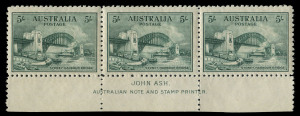 AUSTRALIA: Other Pre-Decimals: 1932 (SG.143) 5/- Harbour Bridge, Ash imprint strip of 3, well centred, MUH BW:148zf - Cat $5500. Superb!