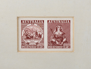 AUSTRALIA: Other Pre-Decimals: SUNKEN DIE PROOFS: 1950 2½d Stamp Centenary se-tenant pair, CBA cachet and numbered "10" on reverse, BW:278/9DP(1), accompanied by PMG's presentation letter (to W.L.Russell) in recognition of his services as a member of the