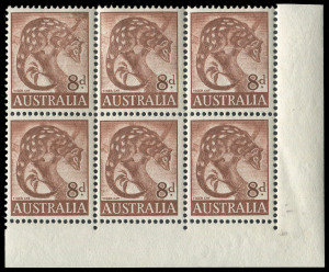 AUSTRALIA: Other Pre-Decimals: 1959-64 (SG.317) 8d Tiger Cat Second Master plate varieties comprising "Retouched shading right of animal's head" [Sh.C R9/6] States III & IV ("Typhoon" retouch) both in corner blocks of 6 BW:358(II)sb&sc; also "Retouched o