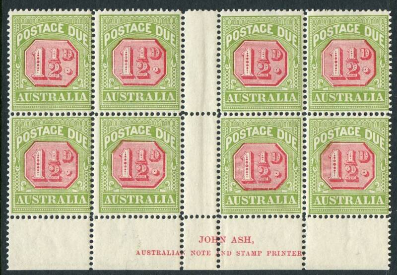 AUSTRALIA: Postage Dues: 1922-31 (SG.D93) 1½d Carmine & Yellow-Green, Ash Imprint blk.(8); mainly MUH and very fresh. BW:D107zb.