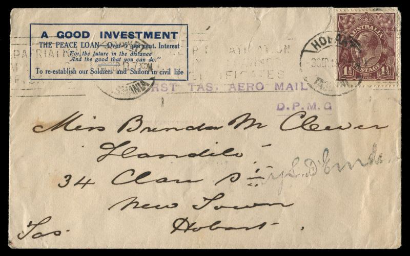 AUSTRALIA: Aerophilately & Flight Covers: 3-4 Sept. 1919 (AAMC.23) Hobart - Launceston cover with Peace Loan advertising and KGV 1½d brown, carried by ED Cummings in a Sopwith Pup on the first aerial mail flight in Tasmania, with violet two-line 'FIRST TA