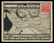 AUSTRALIA: Aerophilately & Flight Covers: THE PACIFIC ISLANDS SURVEY FLIGHT BY RICHARD WILLIAMS25 Sept.1926 (AAMC.102) A specially printed cover flown and signed by Group Captain Richard Williams on his survey flight which originated in Melbourne. This e