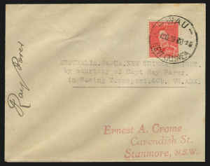 AUSTRALIA: Aerophilately & Flight Covers: 31 July 1939 (AAMC.875) Melbourne - Wau, New Guinea flown cover, carried and signed by the pilot, Ray Parer, who was making a delivery flight of a Boeing Transport 40B (VH-ADX); cancelled on arrival at WAU 2 AUG 39.