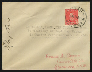 AUSTRALIA: Aerophilately & Flight Covers: 31 July 1939 (AAMC.875) Melbourne - Wau, New Guinea flown cover, carried and signed by the pilot, Ray Parer, who was making a delivery flight of a Boeing Transport 40B (VH-ADX); cancelled on arrival at WAU 2 AUG 