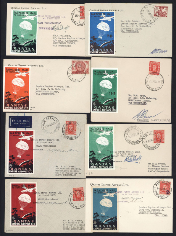 MORNINGTON ISLAND PARACHUTE MAIL COVERS: 1941 from Brisbane (AAMC.936) signed by Sims; 1942 from Sydney & Brisbane (AAMC.950 & 51) signed by Crowther; 1943 from Sydney & Brisbane (AAMC.970 & 71) signed by Caldwell; and then the post-war resumed flights, 1
