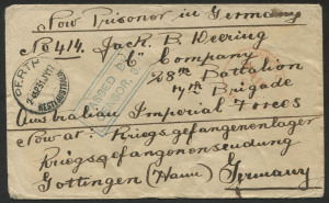 AUSTRALIA: Postal History - World War I - Military: POW Mail: 1917 (Jul.31) cover from Perth WA with 'PASSED BY/CENSOR' boxed handstamp in blue, addressed to Jack Deering, C Company, 28th Battalion, 7th Brigade AIF, at Gottingen POW Camp in Germany.