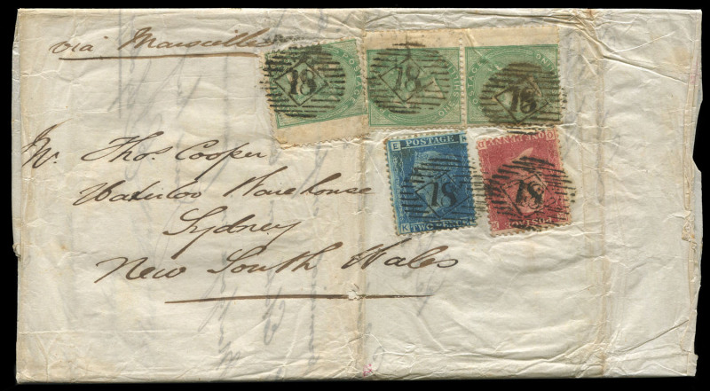 NEW SOUTH WALES - Postal History: 1859-61 inwards mail from United Kingdom to same addressee at Waterloo Warehouse in Sydney comprising 1859 3/3d franking entire with Emblems wing-margin 1/- green pair & single plus 2d blue + 1d red; 1860 covers from Amp