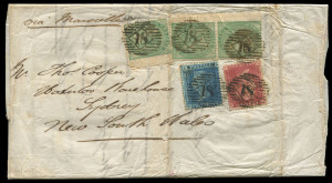 NEW SOUTH WALES - Postal History: 1859-61 inwards mail from United Kingdom to same addressee at Waterloo Warehouse in Sydney comprising 1859 3/3d franking entire with Emblems wing-margin 1/- green pair & single plus 2d blue + 1d red; 1860 covers from Ampthill or Hitchin each franked with single Emblems 6d lilac; 1861 from London with single 1/- Emblems; all covers with original enclosures and Sydney backstamps; stamps alone on cover Cat. £2000+. The addressee was Thomas Cooper, half-brother of