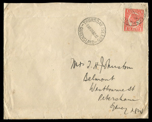 QUEENSLAND - Postal History: 1912 (Nov. 24) cover to Sydney with Qld 1d Sideface tied by THURSDAY ISLAND '24NO12' datestamp with another superb strike alongside, 'KONINKLIJKE PAKETVAART MAATSCHAPPIJ' ship illustration on the cover flap and as part of the illustrated headers on two sheets of writing paper with letter written on board SS Van Waerwijck at the Gulf of Papua, giving details from a traveller's diary noting that the natives are "keen traders" wanting "one bob"