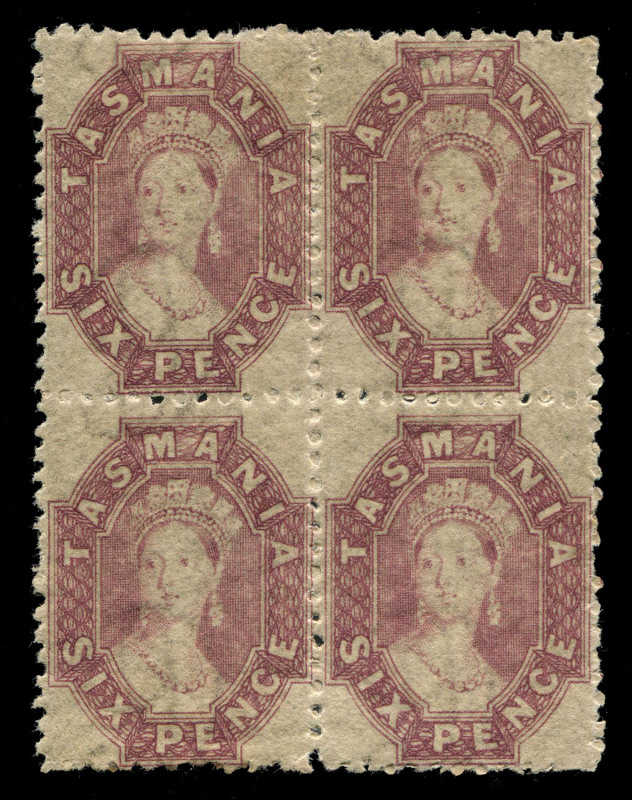 TASMANIA: 1864-68 (SG.89) Perf.12½ by R. Harris (Launceston): 6d reddish mauve Chalon, block of (4), very lightly hinged, one unit MUH. Fresh and attractive multiple, Cat £3600.  