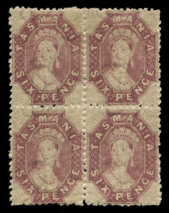 TASMANIA: 1864-68 (SG.89) Perf.12½ by R. Harris (Launceston): 6d reddish mauve Chalon, block of (4), very lightly hinged, one unit MUH. Fresh and attractive multiple, Cat £3600.