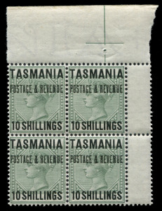 TASMANIA: ESSAYS: 1886 Proposed High Values De La Rue essay of keyplate design in violet overprinted 'TASMANIA/POSTAGE & REVENUE/TWO SHILLINGS/AND SIXPENCE' in black, or in grey-green similarly overprinted '.../10 SHILLINGS', both in upper-right corner blocks of 4, full unmounted gum. Superb! Ex Australia Post Archival Sale. (2 blocks)