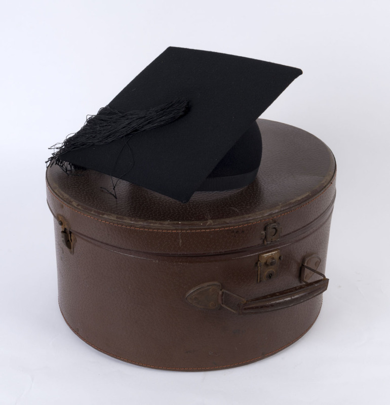 Mortarboard graduation cap, made in England for David Jones (Sydney), with vintage circular hat case,